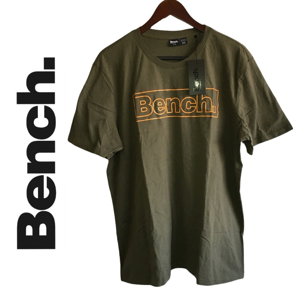 Bench Army Green Short Sleeve T Shirt With Orange Logo Size XL NEW